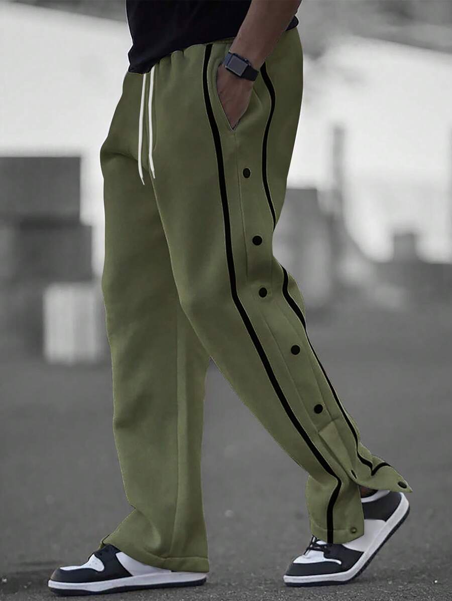 Manfinity Homme Men's Contrast Stripe Side Button Drawstring Waist Sweatpants Men Joggers Great Quality - Green - View 1