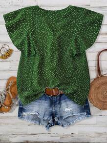 SHEIN CURVE+ 女式加大码碎花方领泡泡袖褶饰荷叶边下摆休闲度假上衣 - 彩色 - 查看 2