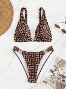 SHEIN Swim 2 món/bộ thời trang mới màu nâu gợi cảm bó sát thanh lịch dự tiệc, lễ hội âm nhạc, bộ đồ bơi bikini đi biển cho nữ, mùa hè - Cà phê nâu - Xem 7