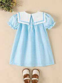 Souflis Souflis Mädchen Kleine Mädchen Sommer Neue Plaid Stoff Kragen Puffärmel Lose Fit Zurück Öffnen Einfaches An-/Ausziehen Mode Niedlichen Kaninchen Druck Süße Kleid