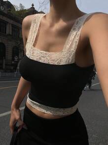 DAZY Sexy Fitted Sheer Lace Contrast Patchwork Camisole For Women Tank Tops