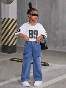 SHEIN Sparklyn Girls' Casual Versatile All-Match Loose Wide Leg Washed Cargo Denim Pants, School, Campus, College Summer Holiday - Light Wash - View 4