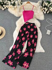 DreamSkyne Plus Size Women Solid Asymmetric Hem Cami Top And Floral Print Pants Fashion 2 Pieces Set - Hot Pink - View 2