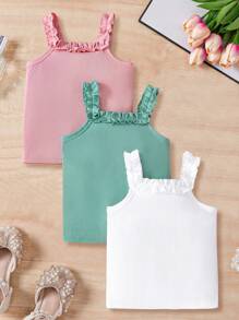 3pcs/Set Young Girls Solid Ribbed Frill Trim Tank Tops, For Spring Summer