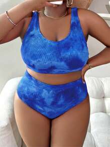 Slaydiva Bộ bikini in họa tiết nhuộm loang cỡ lớn 2 mảnh cho nữ, đồ bơi đi biển thời trang thường ngày - Màu xanh lam - Xem 4