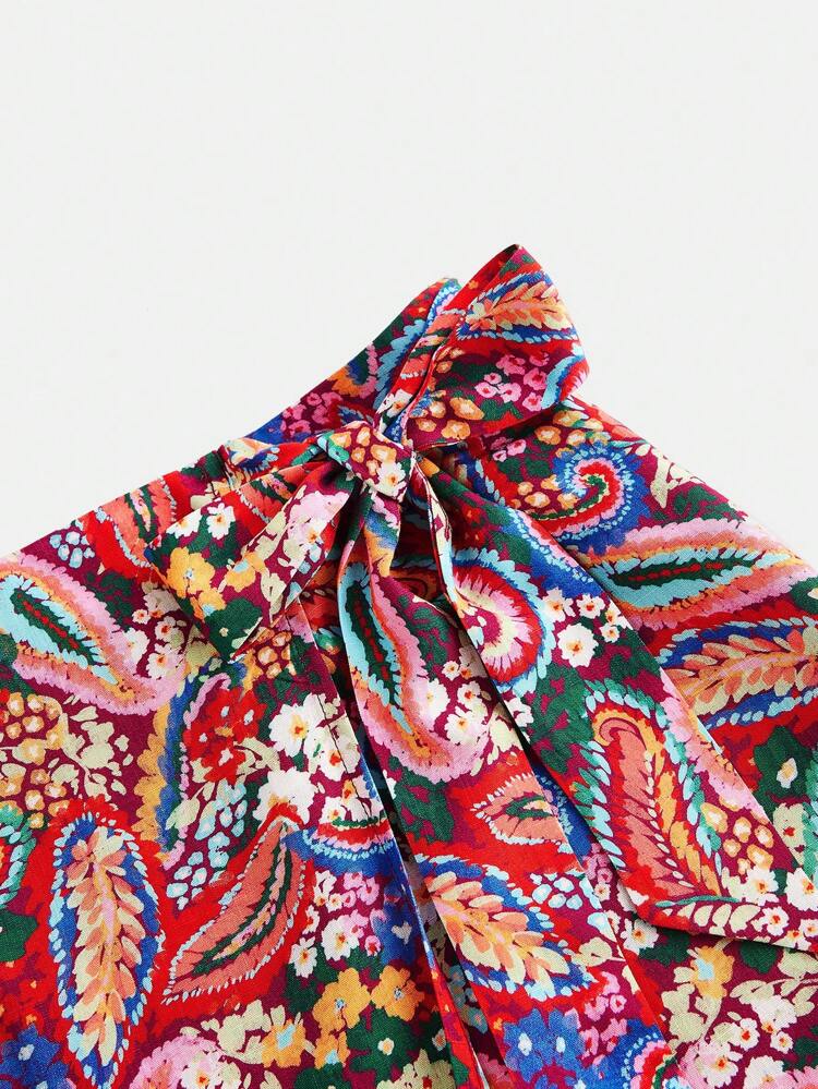 SHEIN Maija Tie-Wrap Printed Design Sense Mini Skirt For Women, Comfortable & Versatile, Suitable For Spring/Summer, Beach, Vacation, , Festival, Bohemian Music Festival
