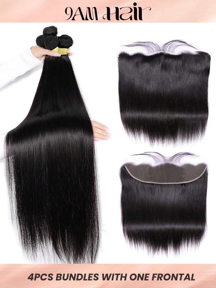 4pcs long straight bundles with 13 X 4 lace frontal natural black virgin human hair Extensions