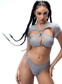 Swim EVENT 2 件银色紧身性感镂空音乐节派对女士泳衣套装 - 銀色 - 查看 3