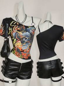 SHEIN ICON 女士 Y2k 外出龙印花不对称领口短袖时尚 T 恤，日常穿着