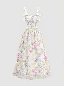 SHEIN MOD Floral Print Mesh Overlay Dress With Bow Decor,Concert ,Graduation ,Romantic ,Spring ,Festival,Vintage, Elegant,Party,Bowwedding Guest,Tea Party ,Modest ,Prom ,Formal ,Floral,Fairycore,Classy Outfits For Women,