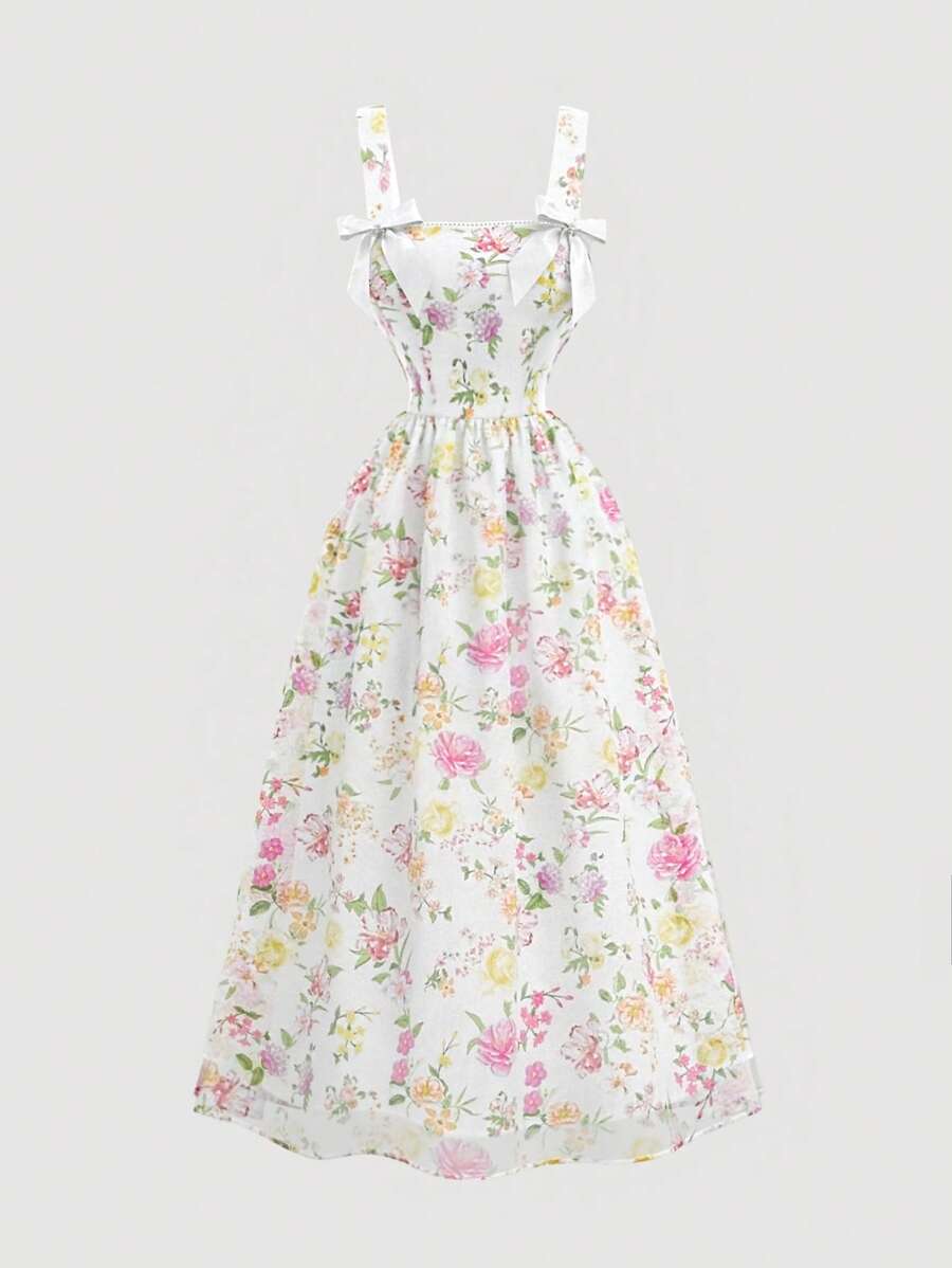 SHEIN MOD Floral Print Mesh Overlay Dress With Bow Decor,Concert ,Graduation ,Romantic ,Spring ,Festival,Vintage, Elegant,Party,Bowwedding Guest,Tea Party ,Modest ,Prom ,Formal ,Floral,Fairycore,Classy Outfits For Women,