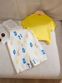 SHEIN Playful Pals Baby Boy Cute Puppy Print Overalls Set With Blue T-Shirt, Makes Baby Look Even Cuter Toddler Summer Clothes Sets Boy Clothes For Kids Children Clothes - Yellow - View 2