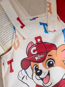 SHEIN 男婴可爱小狗图案印花围兜工作服套装，搭配蓝色 T 恤，让宝宝看起来更可爱 - 紅色 - 查看 5