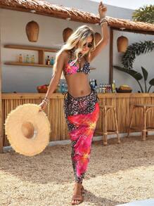 Swim Vcay 3pcs Women Leopard & Floral Print Halter Tie Front Bikini Set With Triangle Top, Casual Beach Holiday Swimwear - Multicolor - View 1