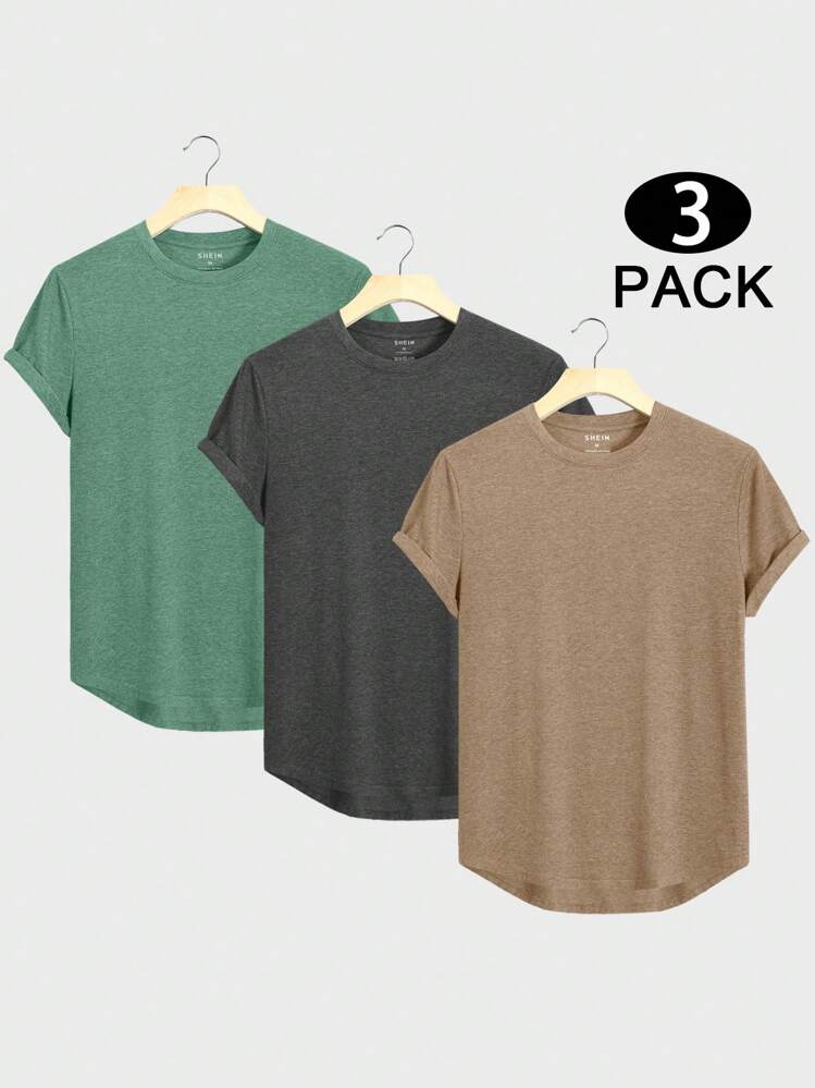 3 قطع تي شيرت رجالي أحادي اللون بهامش منخفض/مرتفع
