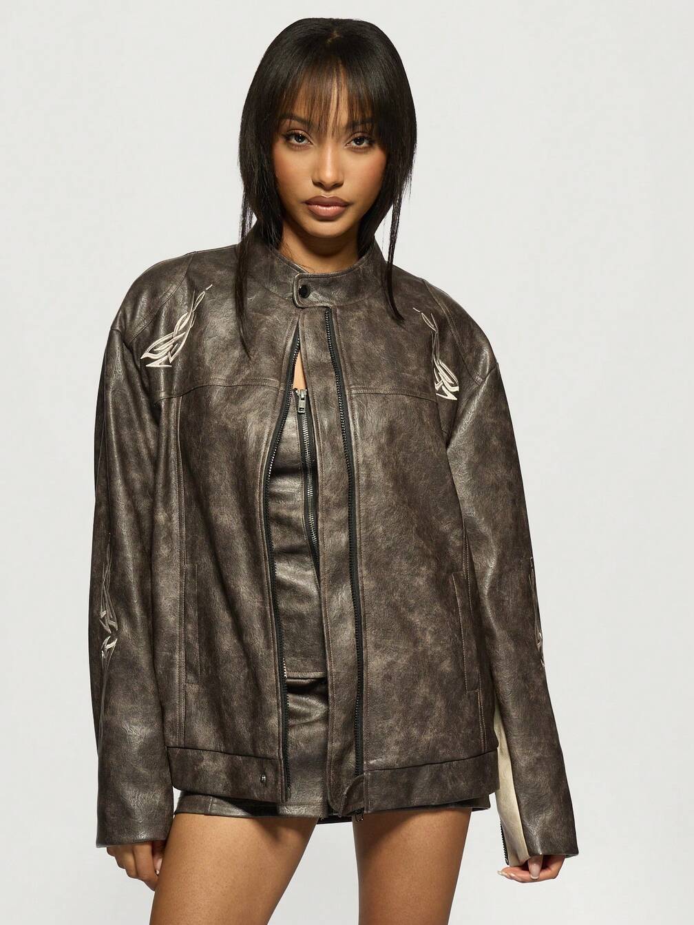MISSGUIDED Oversized Motocross Leather Jacket With Tattoo Design