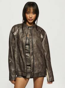 MISSGUIDED Chaqueta de motocross oversize con diseño de tatuaje, moda Y2K, ropa de calle, estilo motorista, carreras de motos, abrigo de otoño e invierno con un toque audaz