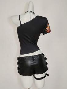 SHEIN ICON 女士 Y2k 外出龙印花不对称领口短袖时尚 T 恤，日常穿着