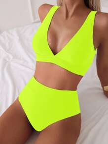 SHEIN Swim 2026春夏新款亮绿色深V领纯色性感度假高衩比基尼泳衣两件套（女款） - 青檸色 - 查看 4