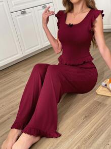 DUSKBASE Elegant Simple Ruffled Trim Women Pajama Set Outfit - Burgundy - View 3