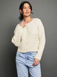WESTFADE Spring Cable Knit Crew Neck Button Front Long Sleeve Cardigan Sweater - White - View 10