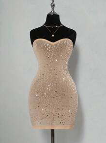 SHEIN ICON Đầm bó sát quyến rũ đính đá Rhinestone dành cho nữ - Màu Khaki - Xem 1