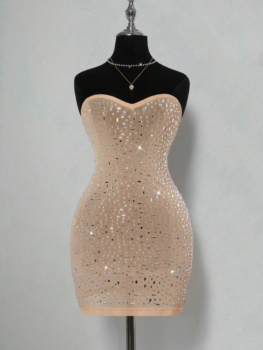 SHEIN ICON Đầm bó sát quyến rũ đính đá Rhinestone dành cho nữ - Màu Khaki - Xem 1