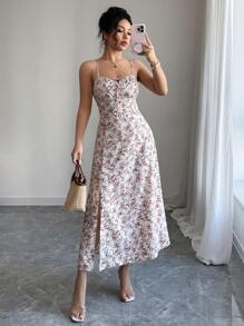 Elenzga Women's Elegant Mid-Length Floral Print Dress - Pink - View 1