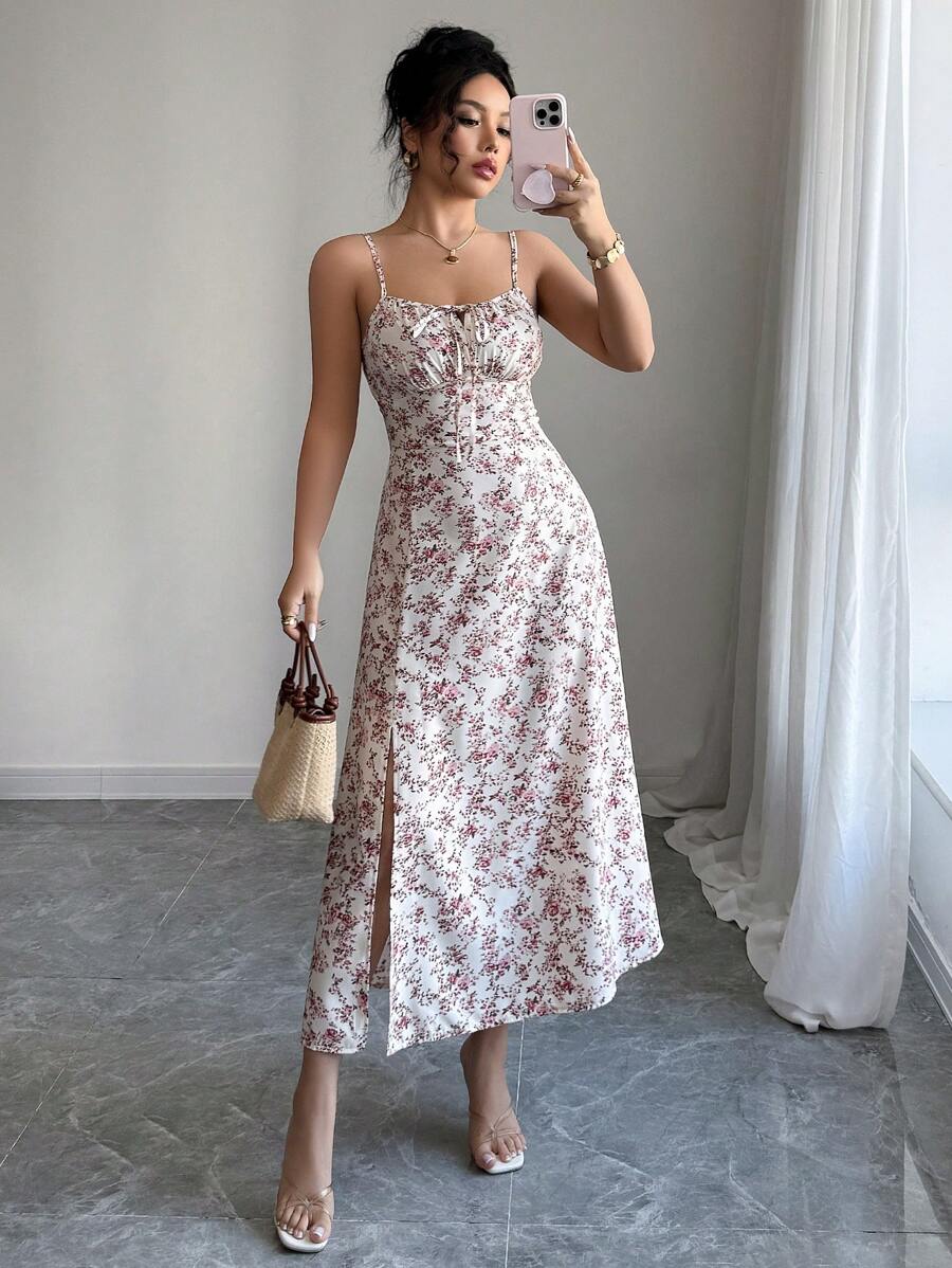 Elenzga Women's Elegant Mid-Length Floral Print Dress - Pink - View 1