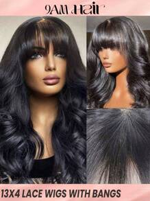 透明蕾絲小波浪13X4蕾絲前假髮帶劉海真實人類頭髮蕾絲額葉閉合假髮帶嬰兒毛預先拔毛自然髮際線假髮自然黑色顏色 - Natural Black - 查看 2