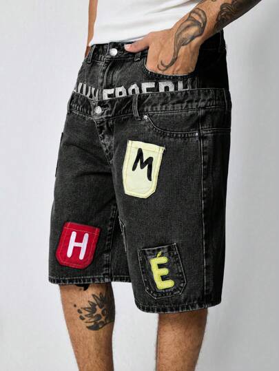 Street Life Men's Double-Layered Waistband Embroidered Denim Shorts