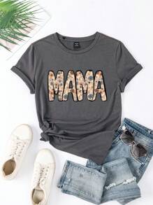 SHEIN LUNE Casual Minimalist Floral "Mama" Graphic Round Neck Short Sleeve Loose Fit T-Shirt For Women, Suitable For Summer Suitable For Going Out,Casual - Dark Grey - View 4