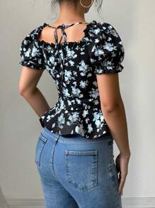 Chiquease Women's Ditsy Floral Square Collar Puff Sleeve Ruffled Tie Waist Shirt - Black - View 2