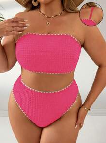 Swim Basics 2pcs/Set Plus Size Women Solid Color Spaghetti Strap Shell Trim Sexy High Waist Triangle Bikini Swimwear, Vacation Casual