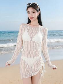 DAZY Women's Teardrop Lace Mesh Fabric One-Side Drawstring Elegant Pullover Summer Beach Cover-Up