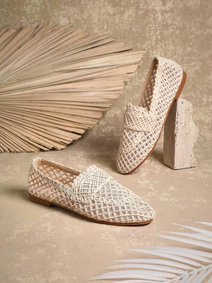 SHUZIA 女式钩针休闲舒适拉菲草乐福鞋