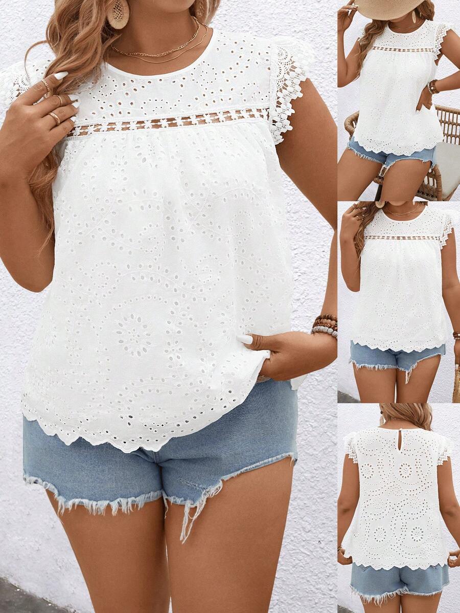 SHEIN LUNE Plus Size Women Embroidery Textured Fabric Patchwork Ruffle Trim Sleeveless Blouse - White - View 1