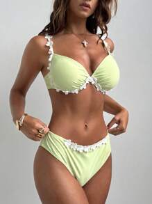 Bikini con reggiseno push-up a fiori verdi, costumi da bagno