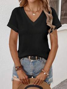 SHEIN LUNE Áo thun nữ cổ chữ V tay ngắn trơn đơn giản đa năng - màu đen - Xem 4