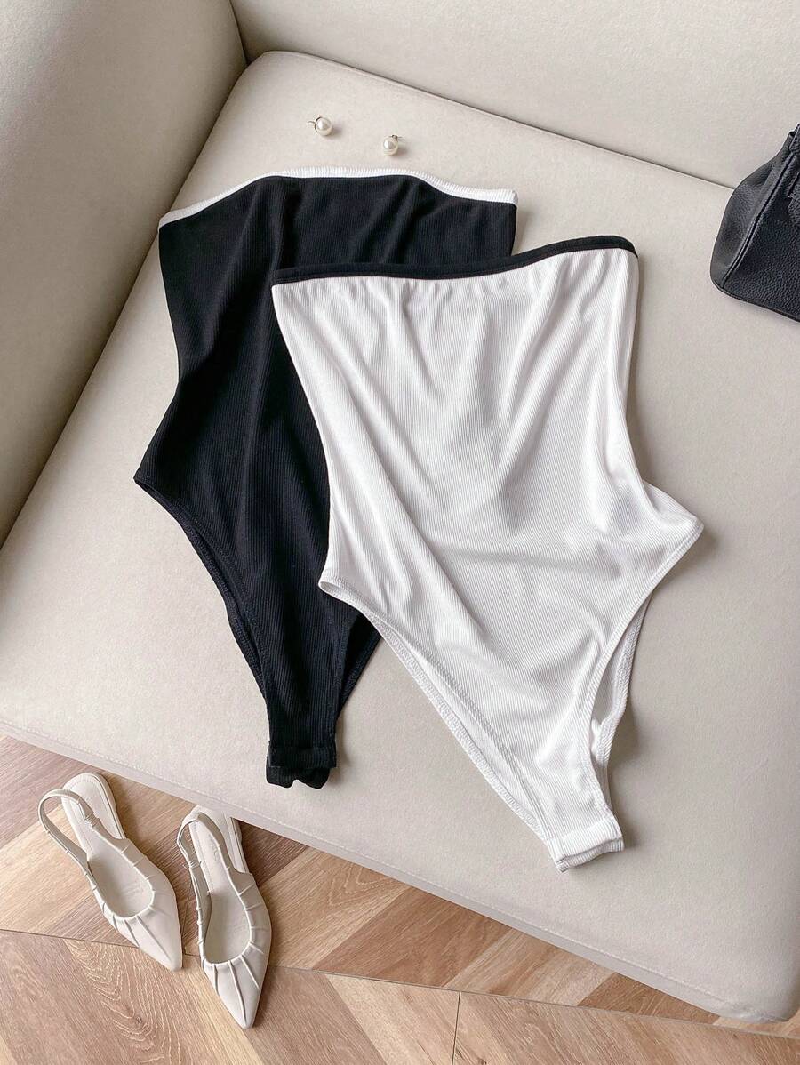 SHEIN LUNE 2 件黑白抹胸女式紧身衣 Gyaru 女式紧身衣 夏季热带度假女装 欧洲夏季狂欢上衣 女式夏季服装 - 黑與白 - 查看 1