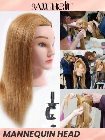 Mannequin Head With 100% Human Hair Straight Hair Training Head Manikin Head Cosmetology Doll Head For Hairdresser Girls Practice Styling Braiding With Clamp Stand Hair Extensions