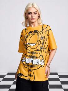 GARFIELD | SHEIN Women's Cute Cartoon Cat & Letter Print Drop Shoulder Short Sleeve T-Shirt - Orange - View 5