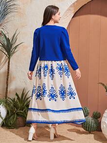 2pcs/Set Teen Girl Traditional Arab Outfit, Geometric Floral Print Elegant Spaghetti Strap Maxi Dress & Cropped Knit Bubble Sleeve Jacket, Suitable For Spring, Autumn, Summer - Multicolor - View 2