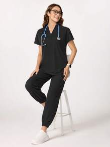 TaskEZ Healthcare Short Sleeve Scrub Uniform Set - Short Sleeve Tee & Pants, Minimalist & Fashionable For Casual Daily Wear Casual Petite Scrub Sets For Women Women Work Clothes Petite Women Scrub Sets For Women Women Scrub Sets Plus Size Scrub Sets Nurse Scrub Sets Women,Work Clothes Women For Women Women Plus Clothing Two Pieces Scrubs Scrub Sets - Black - View 4