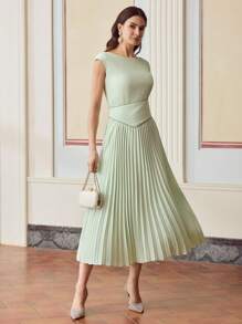 ZEYLAH Vestido elegante de unicolor con cuello redondo, mangas farol y plisado para mujer