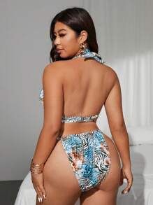 SHEIN Swim Curve 大码 2 件套女士泳衣，随机颜色印花，时尚简约设计，适合夏季度假和海滩 - 彩色 - 查看 2