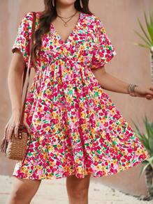 SHEIN LUNE Plus Size Bright Ditsy Floral V-Neck Short Dress Plus Size Summer Dresses For WomenVacation Dress Wedding Clothing Birthday Outfits For Women Women Clothing Vacation Wedding Guest Dress - Hot Pink - View 3