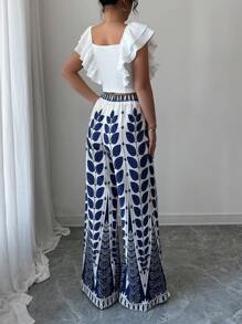 Elenzga Conjunto de dos piezas de mujer de estilo elegante y de vacaciones, con parte superior corta de cuello cuadrado con diseño de mangas con volantes y pantalones holgados de pierna ancha con estampado de estilo bohemio, para primavera/verano