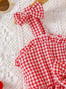 SHEIN Explorewe 2pcs Young Girl "Girlhood Core" Casual Preppy Style Red Camisole And Blue Washed Denim Shorts With Cherry Print Set - Red and White - View 4