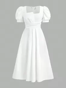 SHEIN Tween 女童方领泡泡袖收腰短袖连衣裙